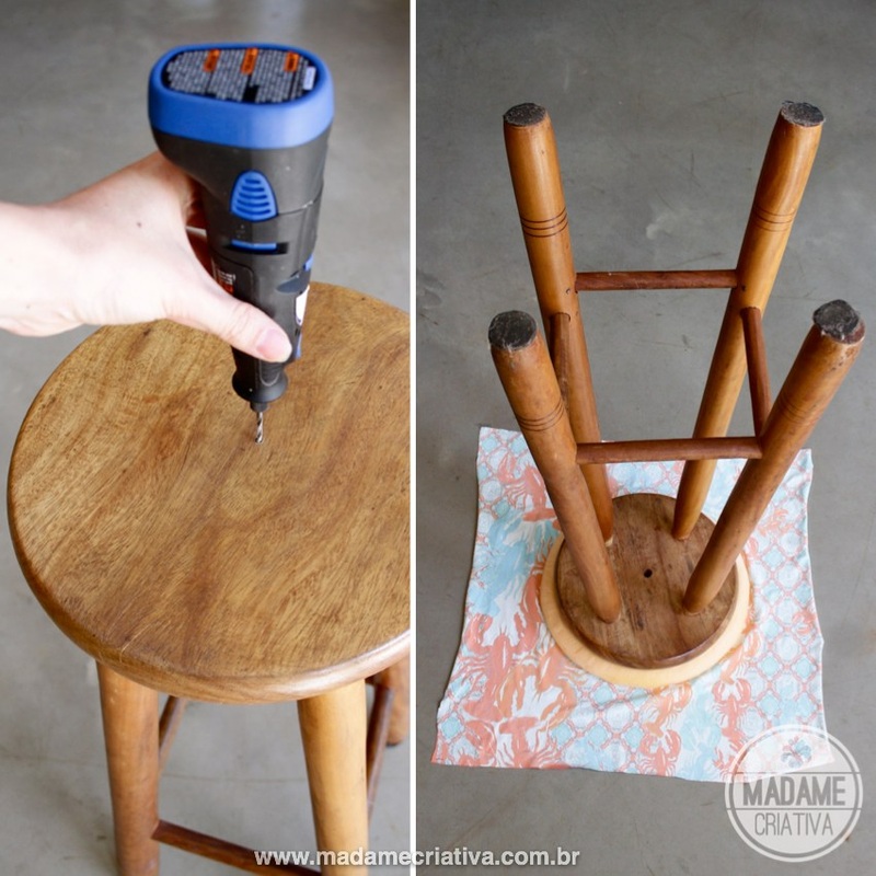 Easy and fast way to remodel a stool without sewing! DIY tutorial - Como reformar um banquinho sem precisar costurar - Passo a Passo - Estofado rápido