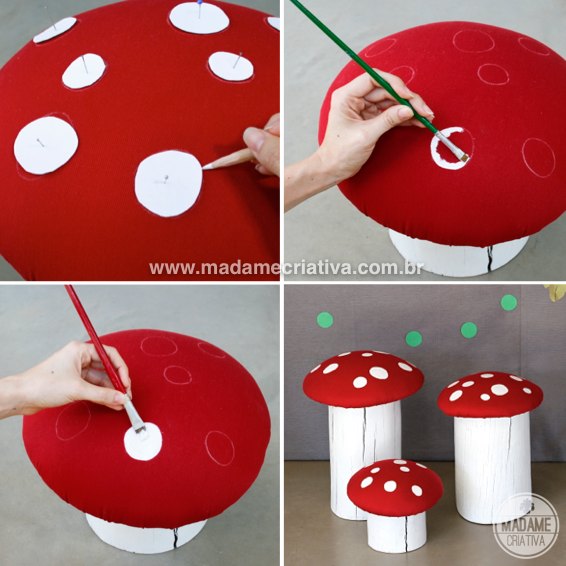 Cutest DIY seats ever!!! I love red mushrooms and everything that reminds me Super Mario Bros! See how to make it. Easy photo tutorial - Banco Cogumelo Super Mario Bros - Faça você mesmo #mushroom #seat #woodseat